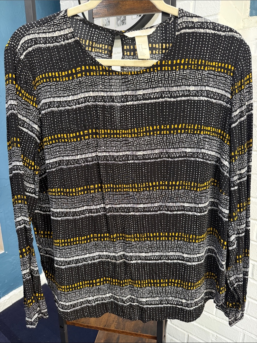 Womens Black Patterned Long-Sleeve Blouse with Mustard Accents